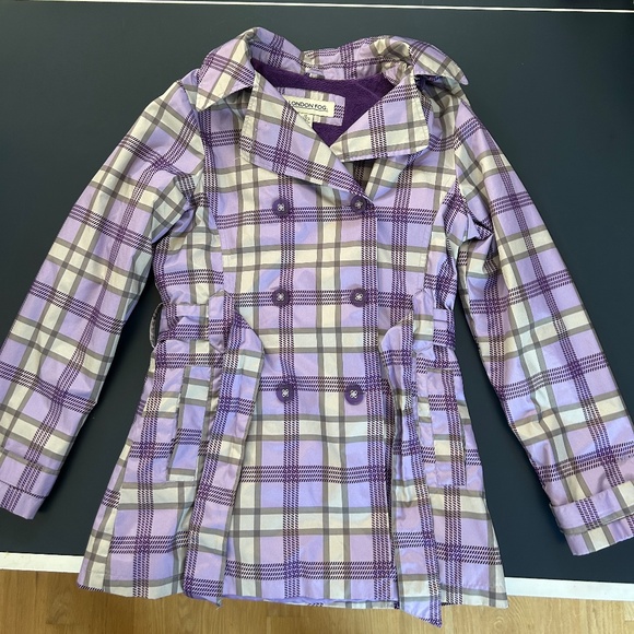 Purple lavender grey plaid belted fitted fleeced lined hooded winter jacket - Picture 2 of 16